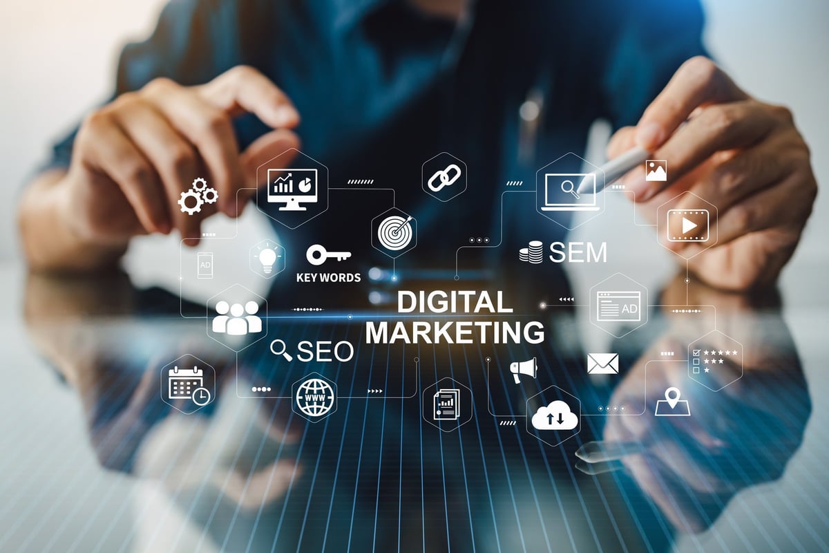 Digital marketing business technology concept with website, advertisement, email and social media icons