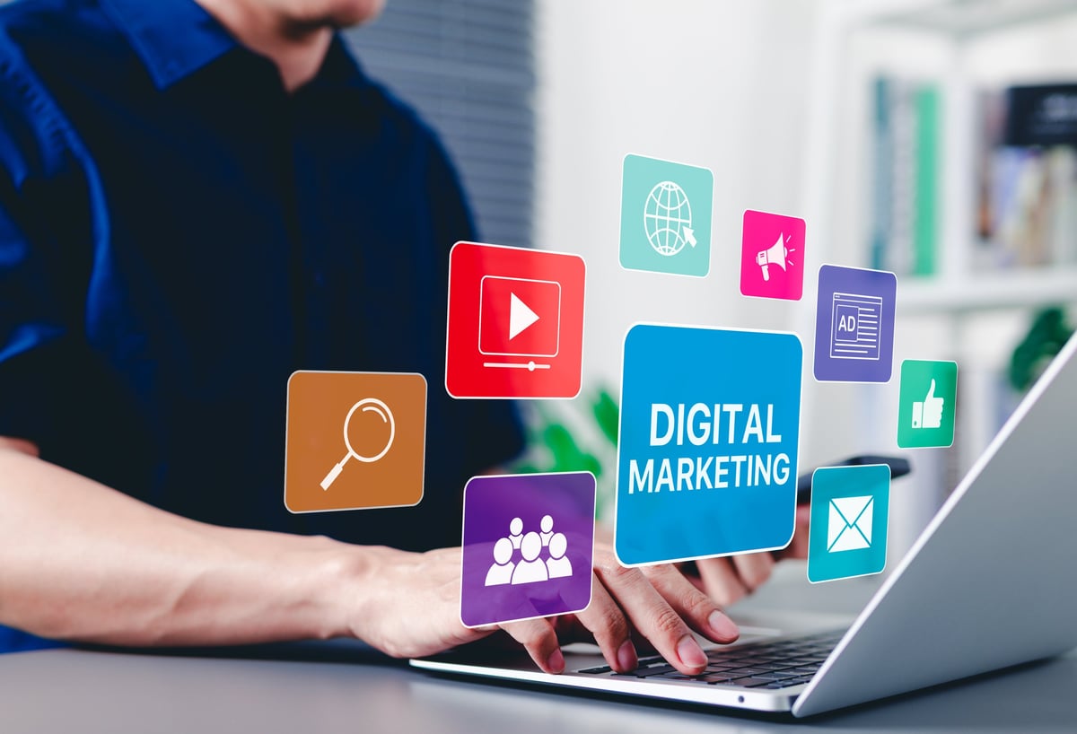 Digital marketing strategy concept with SEO, SEM and social media icons