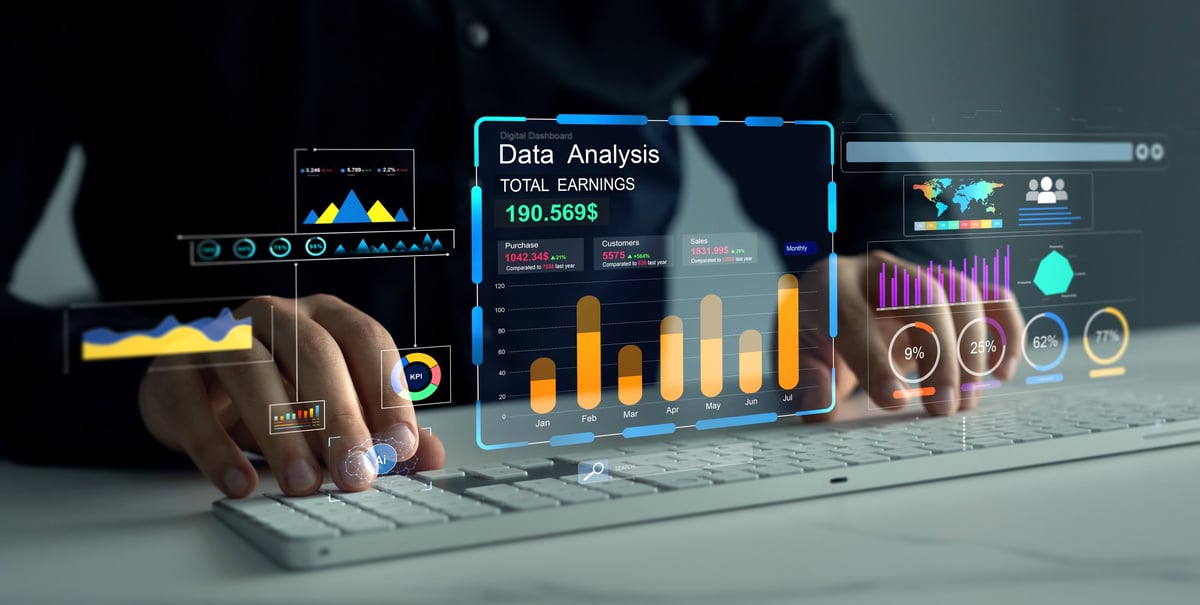 Professional working on virtual dashboard with business data and performance analytics