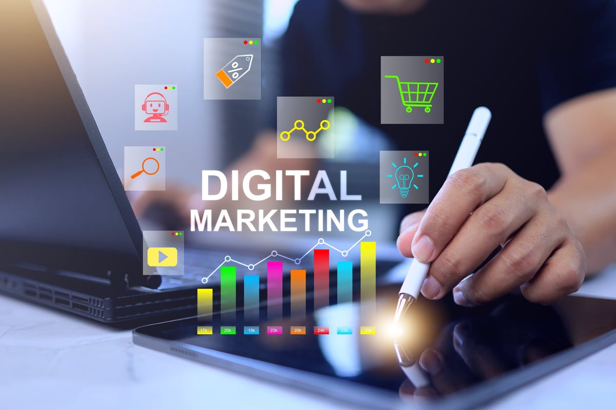 Digital marketing concept, man working on tablet for data market analysis and social media strategy