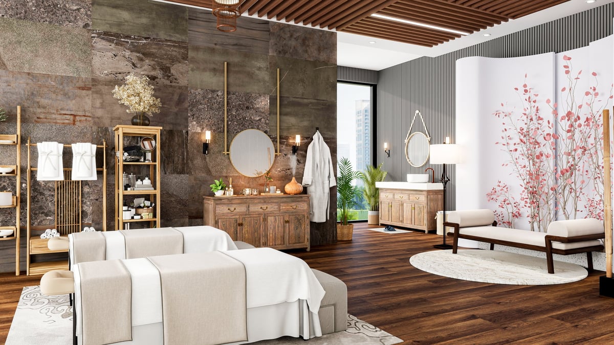 Oriental Luxury Modern Spa Treatment Room Interior with City View, 3D Rendering